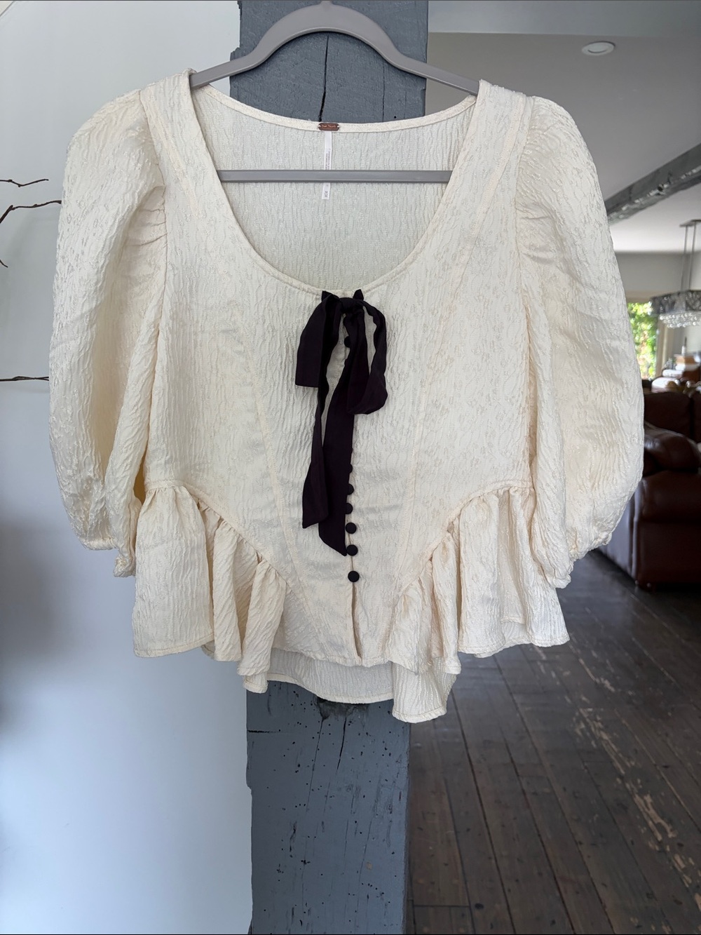 Cream Peplum Tie-Front Blouse with Button Detail BY FREE PEOPLE - Picture 2 of 7